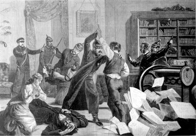 Policie vnikla do domu na ulici Sapernaya (Petrohrad), kde se tajně tisknou nihilistické noviny „The National Will““. od Unknown artist