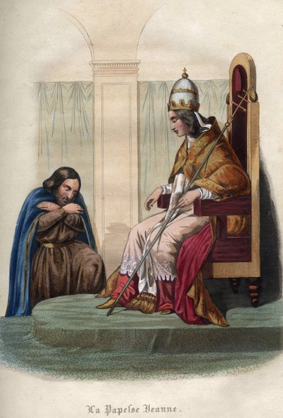 Papež Joan, který vládl v letech 855 až 858 v papežském rouchu. Papess Jeanne (pontifikát od 855 do 858) v pontifikálním oblečení. Rytina z roku 1842 v „Histoire des Popes““ od Maurice Lachatre. Soukromá sbírka. od Unknown artist