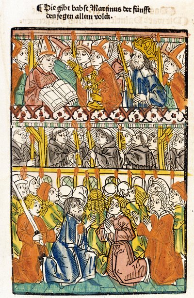 Papež Martin V. (1368 - 1431) zvolený na koncilu v Kostnici (1417) ukončením velkého schizmatu Západu provádí požehnání. "Das concilium" od Unknown artist