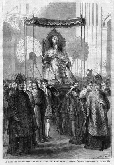 Papež Pius IX. (1835-1914) na sedia gestatoria - Květná neděle v Římě: Papež Pius IX. (Pius Pio 9) na gestorském křesle - kresba Gustava Janeta - Ilustrativní deník z roku 1868 od Unknown artist