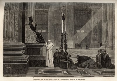 Papež Pius IX (pio 9) (1792-1878) shromážděný u paty sochy svatého Petra, u vchodu do baziliky, ve Vatikánu. Rytina k ilustraci římského příběhu od Francise Weye, v letech 1864-1868, publikovaná v „“ le tour du monde“, editoval D