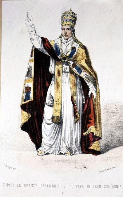 Papež Pius IX. ve skvělých slavnostních šatech - rytina od Unknown artist