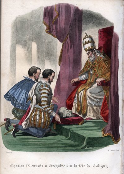 Papež Řehoř XIII. (1502-1585) přijímá hlavu Gasparda de Coligny (1519-1572), zavražděného při masakru na svatého Bartoloměje v roce 1572, jako dar od francouzského krále Karla IX. (1550-1574). od Unknown artist