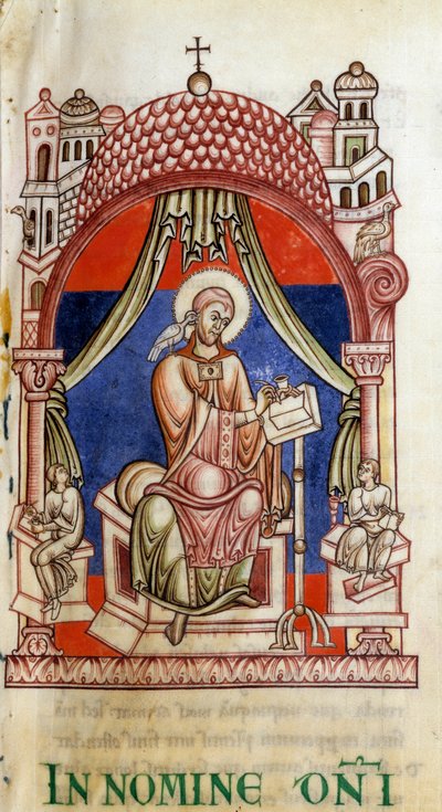 Papež sv. Řehoř I. Veliký (540-604) obklopený dvěma sekretáři. Je napsán jako zástupce s holubicí na rameni, symbolem Ducha svatého (Ducha svatého). Miniatura dopisů Saint Gregoire od Unknown artist