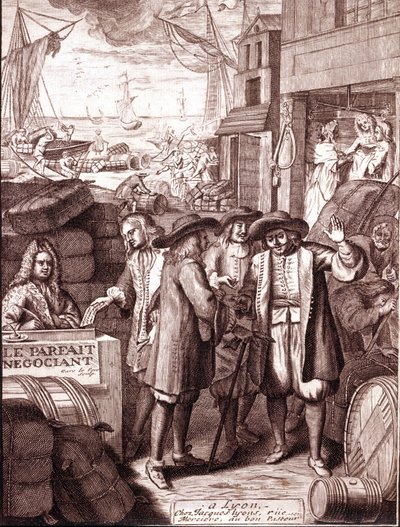 Obchodníci v přístavu spolu mluví. 19. století rytina. od Unknown artist
