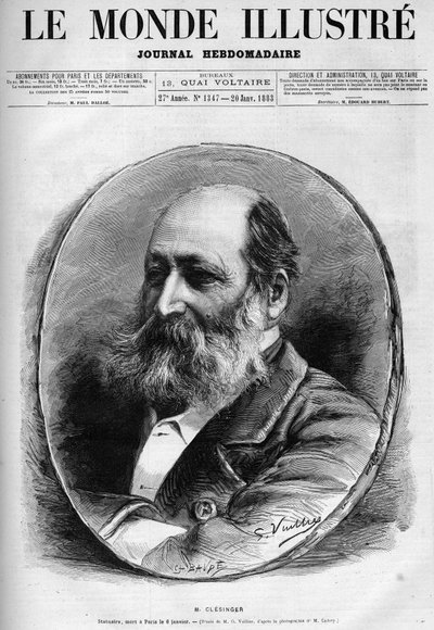 Portrét Auguste Clesingera (1814-1883), francouzského sochaře a malíře. Rytina v „“Le Monde illustrious”” 1883. Soukromá sbírka. od Unknown artist
