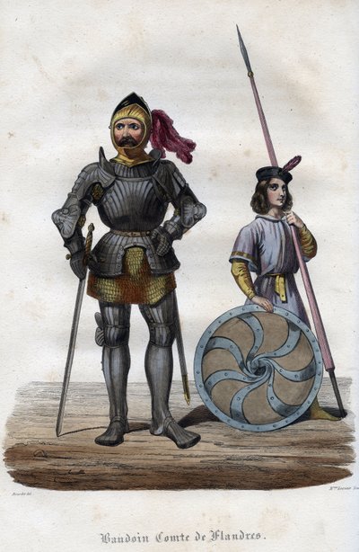 Portrét Baldwina I., hraběte z Flander (830-879), známého také jako Baldwin Iron Arm. (Baudouin I, hrabě z Flander, také známý jako Železné podprsenky nebo Dobrý). Rytina z roku 1842 v „Histoire des Popes““ od Maurice Lachatre. Soukromá sbírka. od Unknown artist