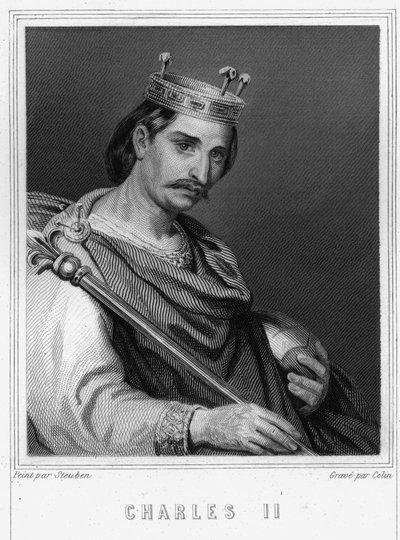 Portrét Karla II. Holohlavého (823 - 877), krále Francie - v „Histoire des Français““ od Lavallée, rytina, sd. od Unknown artist