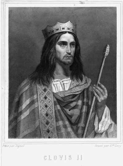 Portrét Chlodvíka II. (? - 657), krále Neustrie, Burgundska a Austrasie - v „“ Histoire des Français““ od Lavallée, rytina, sd. od Unknown artist