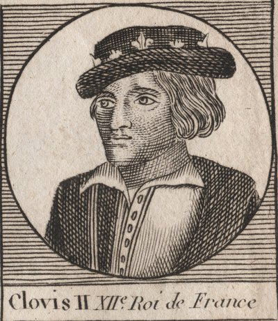 Portrét Chlodvíka II., krále franků (v.633-657) - Chlodvíka II. (asi 634-657), merovejského franského krále Neustrije a Burgundska (639-657) - rytina z “” Instruction sur l