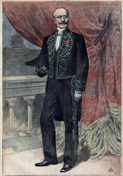 Portrét hraběte Alberta de Mun (1841-1914), francouzského politika, esejisty a vojáka, když 10. března 1898 vstoupil na Akademii Francaise. Ilustrace v „“Le Pelerin“ z 20. března od Unknown artist