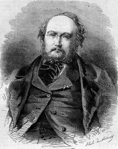 Portrét Eugena Guinota (1812-1861), francouzského novináře, prozaika a dramatika. Také známý jako Pierre Durand a Paul Vermond. Rytina v „“ Le Monde Illustré““ n¡202 z 23. února 1861. od Unknown artist
