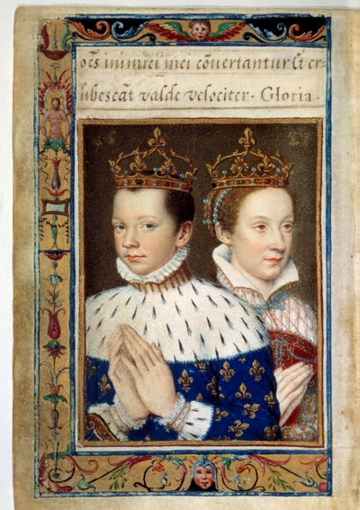 Portrét Františka II. (1544-1560) a Marie Stuartovny (1542-1587) francouzského krále a královny Rukopisná stránka „Knihy hodin od Kateřiny de Medicis“ (Caterina de Medici) Paříž 16. století, B.N. od Unknown artist