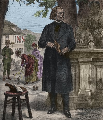Portrét Franze Liszta (1811-1886), maďarského skladatele, klavíristy a dirigenta (Franz Liszt, maďarský skladatel, pianista a dirigent), rytina do proslulého týdeníku „” Popular Music””” - 1882 od Unknown artist
