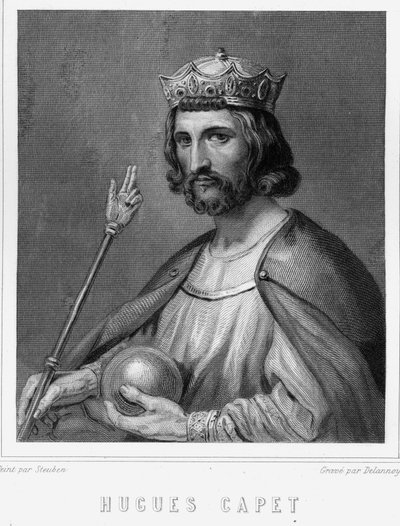 Portrét Huguese I. Capeta (v. 941 - 996), vévody francouzského a tehdejšího krále Francie - v „Histoire des Français““ od Lavallée, rytina, sd. od Unknown artist