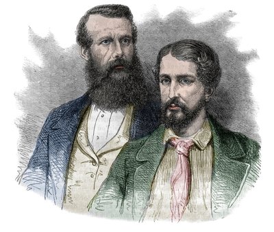 Portrét Johna Hanninga Spekeho, britského průzkumníka, a Jamese Augustuse Granta, britského vojáka a průzkumníka. Společně prozkoumali prameny řeky Nilu – rytina z „“ Malebná historie velkých plaveb v devatenáctém století““. 1877 od Unknown artist