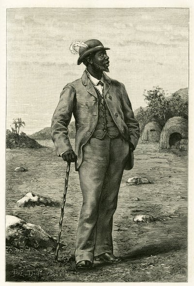 Portrét krále Sepopa ze Zambeze (dnešní Jihoafrická republika), oděný v evropském stylu, rytina P. Dufoura pro ilustraci příběhu „Au pays des Marutses“, v letech 1875-1879, od Dr. Emila Holuba (1847- 1902). Publikováno v Tour du monde, 2. semestr 1 od Unknown artist