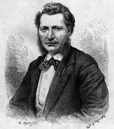 Portrét Louise Riela (1844-1885), kanadského politika a obránce lidu Metis. Rytina v „Le journal de la jeunesse““ od Unknown artist
