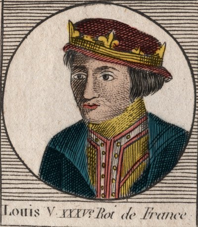 Portrét Ludvíka V. le Faineanta (967-987), francouzského krále - Ludvíka V. Indolentního (967-987) - rytina z „“Instruction sur l’Histoire de France““ od Charlese Constanta Le Telliera 1821 od Unknown artist