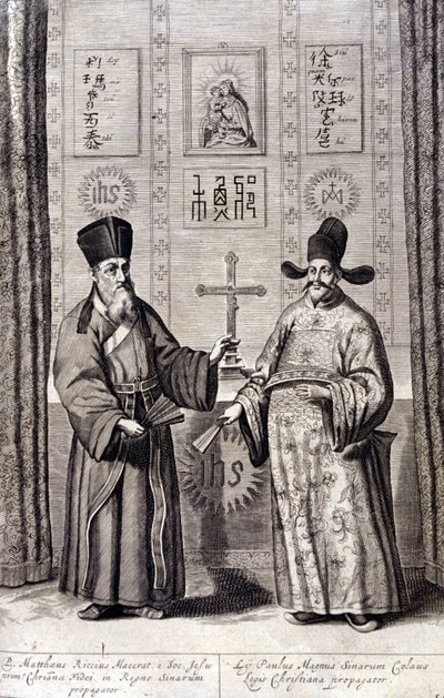 Portrét Mattea Ricciho (vlevo), italského jezuity a Paula Ly, velkého šiřitele křesťanské víry v Číně, rytina „De China monumenta“ od Athanasius Kircher (1601 - 1680), jezuita, orientalista a germanista, Amsterdam 1667. od Unknown artist