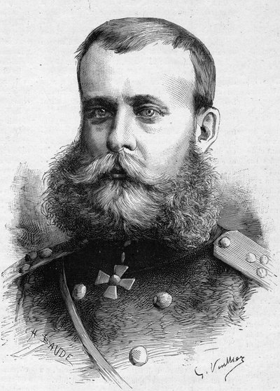 Portrét Michail Dmitrievich Skobeleff (generál Skobeleff nebo Skobelev) (1843-1882), ruská armáda. Gravírování v „“ Le Monde Illustré““ č. 1301 ze 4. března od Unknown artist