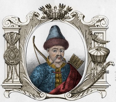 Portrét mongolského panovníka Timura (Tamerlane) (1336-1405) - Tamerlan (1336-1405) (nebo Timur Lang, ""Timur chromý""), rytina z roku 1861 od Unknown artist