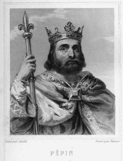 Portrét Pépina le Briefa (v. 714 - 768), krále franků, prvního z Karolinců - v „Histoire des Français“ od Lavallée, rytina, sd. od Unknown artist