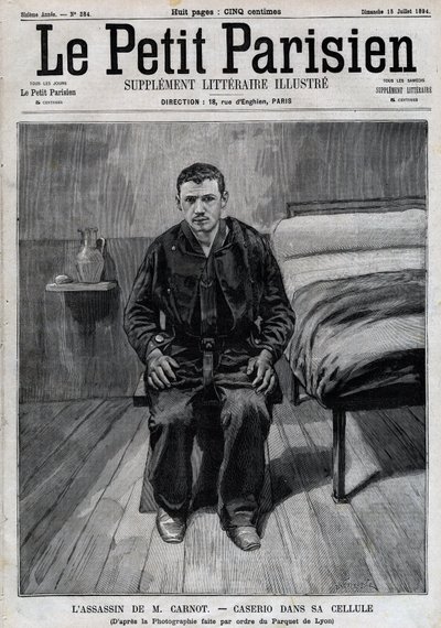Portrét Sante Caserio (1873-1894) italský anarchista, vrah Sadi Carnot, ve vězení. Gravírování v „“Le Parisien““ od Unknown artist