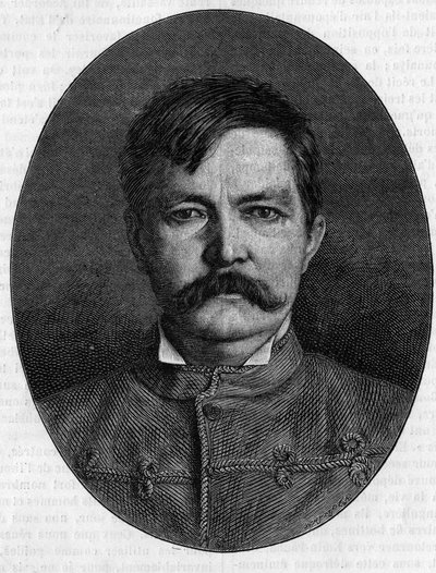 Portrét sira Henryho Mortona Stanleyho, pseudonym Johna Rowlandse (1841-1904), britského průzkumníka a novináře. Rytina do „“Le Journal de la jeunesse““ od Unknown artist