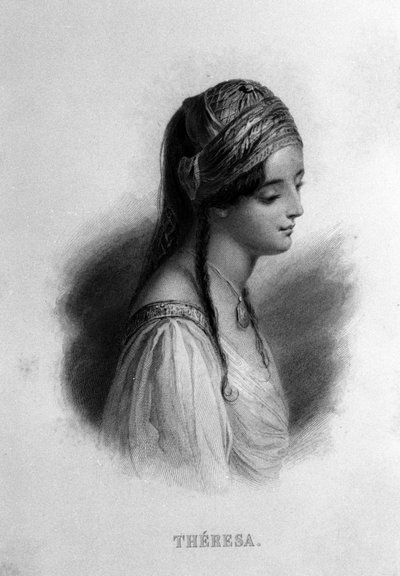 Portrét Teresy Gamba v Guiccioli (19. století) zamilované do básníka George Gordona Byrona. Rytina 19. století od Unknown artist