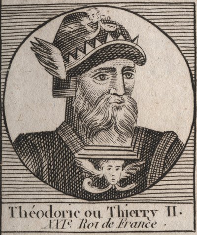 Portrét Thierryho II. (587-613) krále Austrasie a Burgundska v letech 595 až 613 - THIERRY II (Theuderic nebo Theuderich, Theoderic nebo Theodoric II) král Burgundska a Austrasie - rytina z „Instruction sur l