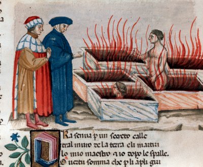 Portrét italského básníka Dante Alighieriho s Virgilem mezi kacíři jako Farinata degli Uberti (píseň 10 z pekla, v Božské komedii) - miniatura 15. století od Unknown artist