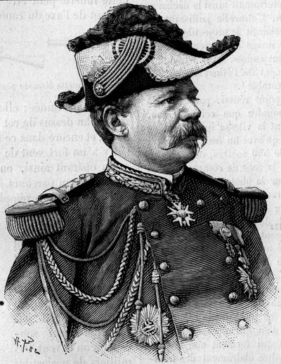 Portrét francouzského generála Francoise Perriera (1833-1888). Gravírování do „“ Příroda: přehled věd a jejich aplikací v umění a průmyslu““ z 3. března od Unknown artist