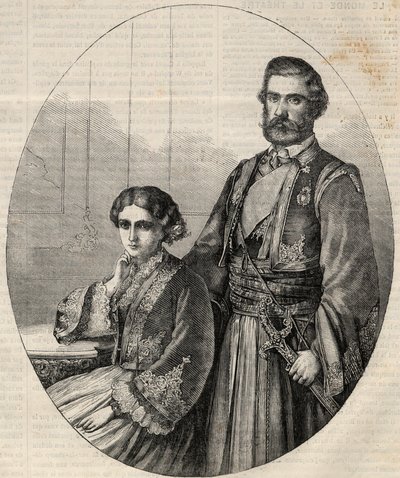 Portrét prince Srbska Michaela III (1823-1868) a princezny Julie (1831-1919). Gravírování v „“L