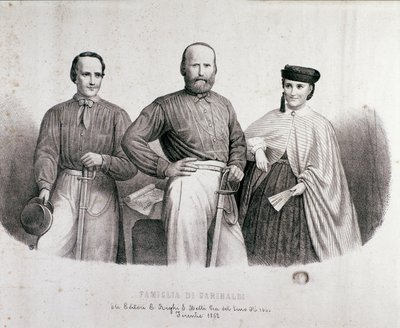 Portrét patriota a hrdinů Risorgimento Giuseppe Garibaldi (1807-1882) mezi Teresitou, jeho dcerou a manželkou Stefano Canzio. Litografie z roku 1862 Soukromá sbírka od Unknown artist