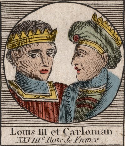 Portréty Ludvíka III. (863/65-882) krále franků v letech 879 až 882 a Carlomana II. (866-884), krále franků v letech 879 až 884 - Ludvíka II., krále Západní Francie a Carlomana II., krále Západu Francia - rytina z “Instruction sur l