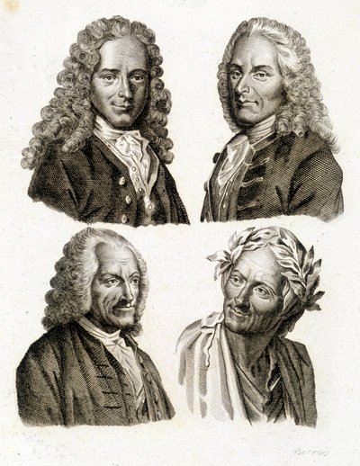 Portréty Voltaira v různém věku - rytina od Unknown artist