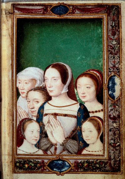 Portréty dcer Františka I. a jeho dvou manželek. Dívky: Louise (1515 - 1517). Charlotte (1516-1524), Madeleine (1520-1537), Markéta (1523-1574). Claude Francouzský (1499-1524) a Eleonora Habsburská (1498-1558). Miniatura v „“ knize ho od Unknown artist
