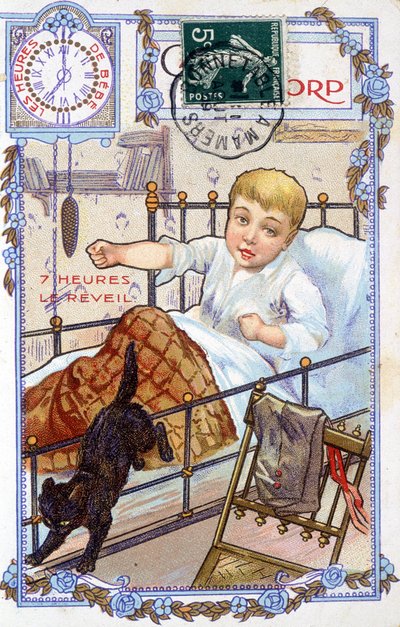 Pohlednice zobrazující průběh dne dítěte. V 7 hodin se dítě budí. od Unknown artist
