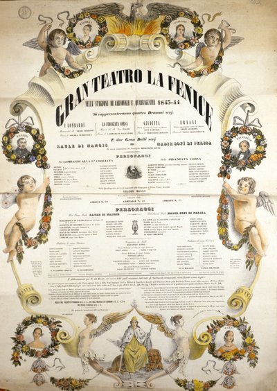 Plakát k představení opery „“ Aida“ italského skladatele Giuseppe Verdiho (1813-1901) pro představení v divadle La Fenice v Benátkách v letech 1843-1844. od Unknown artist