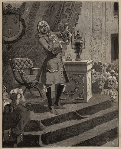 Keramika: Pierre Joseph Macquer (1718-1784) prezentující na Akademii první tvrdý porcelán vyrobený ve Francii továrnou Sevres v roce 1769. Rytina z roku 1885 v „“Les arts et metiers illustres““ od Adolpha BITARDA. od Unknown artist
