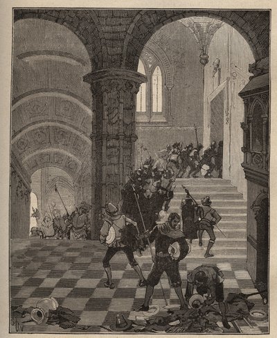Keramika: zničení továrny „Henri II“ během plenění hradu Oiron (Deux Sevres) v roce 1568 během Ligy. Rytina z roku 1885 v „“Les arts et metiers illustres““ od Adolphe BITARDA. od Unknown artist