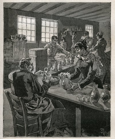 Keramika: plnicí keramika. Rytina z roku 1885 v „“Les arts et metiers illustres““ od Adolphe BITARDA. od Unknown artist
