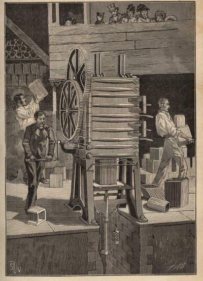 Keramika: mechanické lisování dutých dílů. Rytina z roku 1885 v „“Les arts et metiers illustres““ od Adolphe BITARDA. od Unknown artist