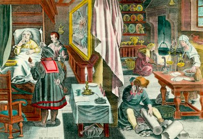 Příprava a podávání léků na bázi guana proti veneriánské syfilis““ Rytina 17. století. Paříž. Akademie medicíny od Unknown artist