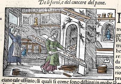 Příprava a pečení chleba v troubě. Rytina Olause Magnuse (1490-1557), švédského náboženského a geografa, „Historia de Gentis Septentrionalibus“, Benátky od Unknown artist