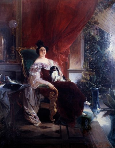 Soukromí, paní se psem. Pes sedící na ženě na verandě. Obraz Francoise Bourbota (19. století) od Unknown artist