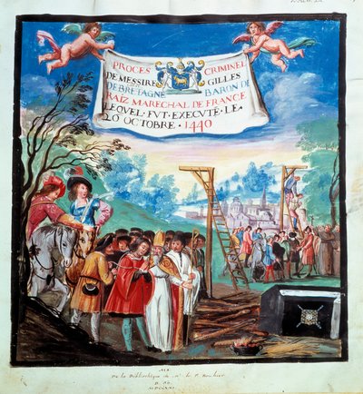 Proces Gilles de Rais (Retz ou Rays) (1404-1440): „“Poprava, šibenice a řezník“““ Je popraven za vraždu a kacířství. Miniatura z 15. století. Paříž, B.N. od Unknown artist