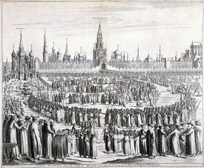 Průvod velikonočních květin před bránou Svatého Spasitele a Kremlem v Moskvě. Rytina 19. století. od Unknown artist