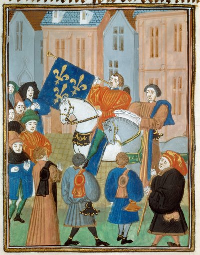 Vyhlášení míru v Remeši dne 2. října 1435 po podepsání smlouvy z Arrasu mezi králem Karlem VII. a burgundským vévodou Filipem III. Dobrým ukončující občanskou válku mezi Armagnaky a Burgundy. Miniatura od „“ Kings and Queen od Unknown artist